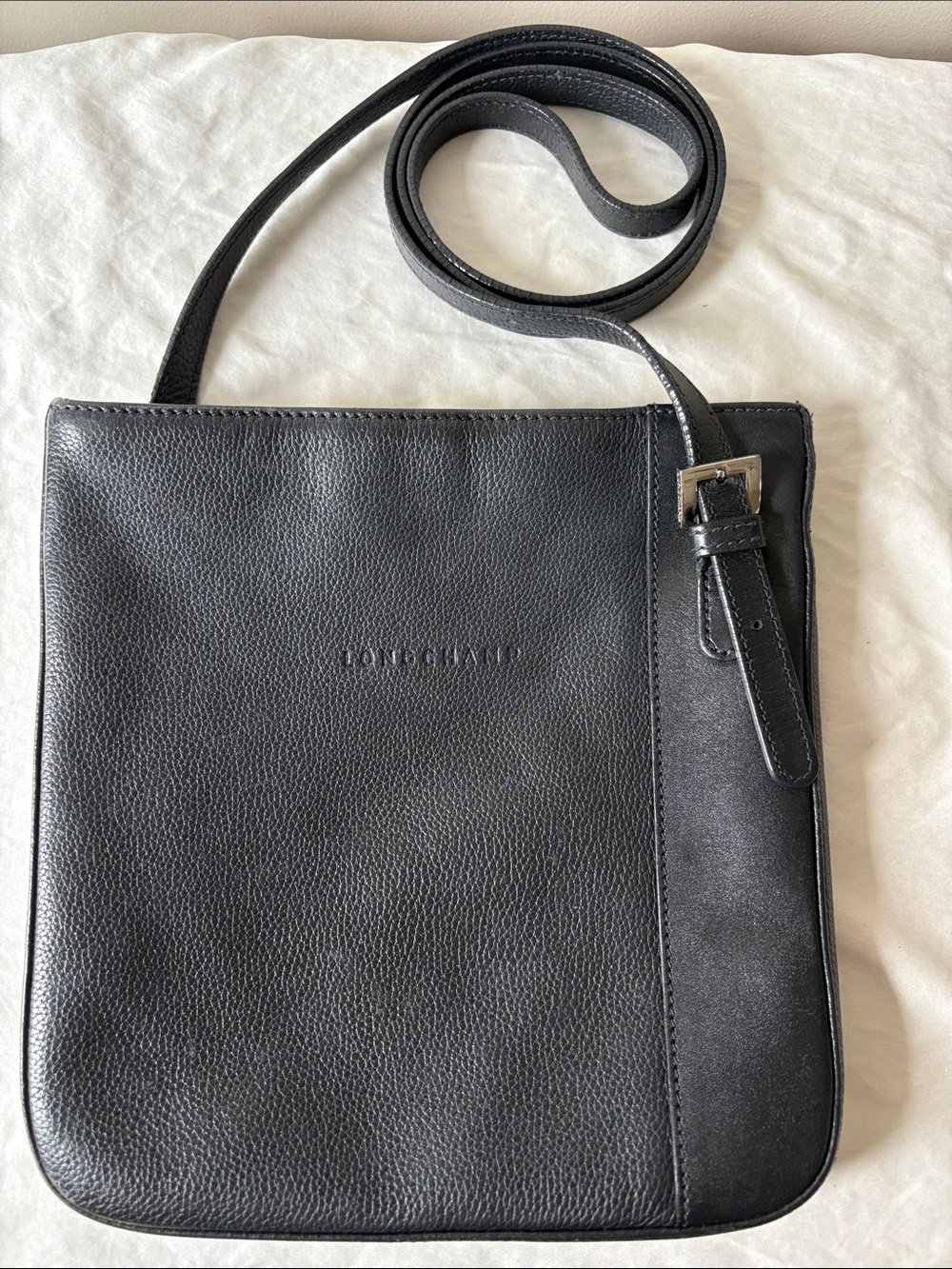 EUC - Longchamp Black Leather Messenger Crossbody with Buckle Detail